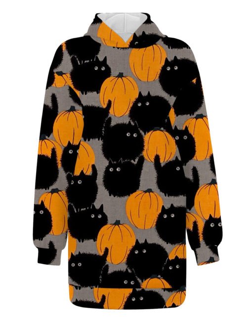 Halloween Black Cat Pumpkin Long Hoodie