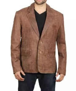 Mens Exclusive Two Button Real Leather Brown Blazer