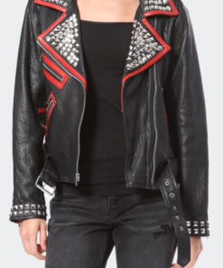 Madonna & Co Stud & Embroidered Black Leather Moto Jacket