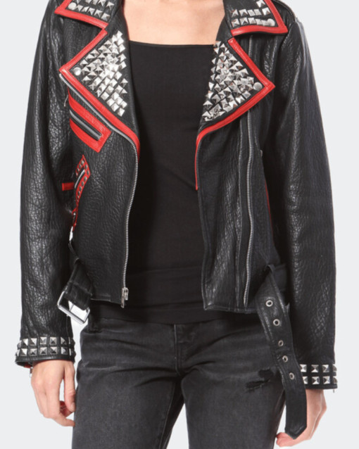 Madonna & Co Stud & Embroidered Black Leather Moto Jacket