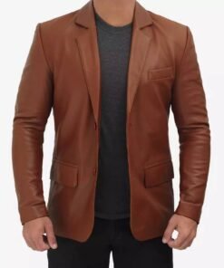 Mens Premium Two Button Cognac Leather Blazer