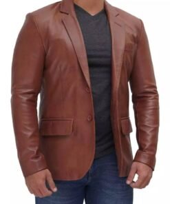 Mens Tan Two Button Leather Blazer