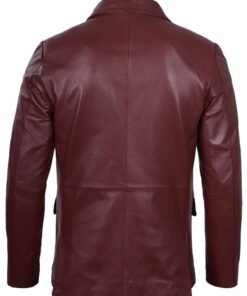 Men’s Notch Lapel Maroon Leather Blazer
