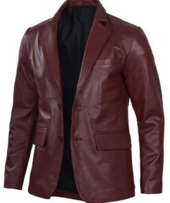 Men’s Notch Lapel Maroon Leather Blazer