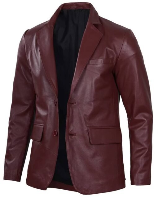 Men’s Notch Lapel Maroon Leather Blazer