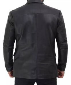 Two Button Notch Lapel Mens Black Leather Blazer