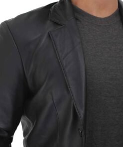 Two Button Notch Lapel Mens Black Leather Blazer
