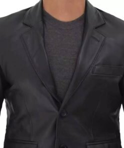 Two Button Notch Lapel Mens Black Leather Blazer