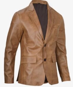 Mens Two Button Camel Brown Leather Blazer