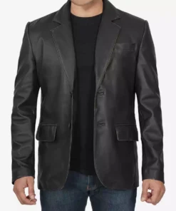 Two Button Notch Lapel Mens Black Leather Blazer