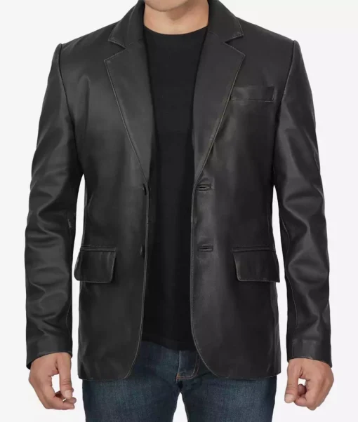 Two Button Notch Lapel Mens Black Leather Blazer