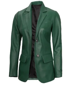 Womens Two Button Green Leather Blazer