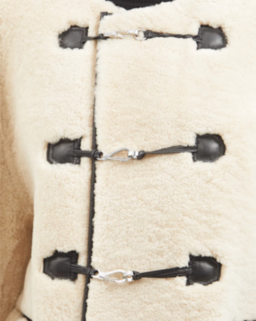 Clasp Front Leather Trim Shearling Jacket