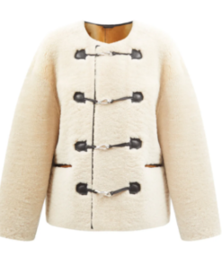 Clasp Front Leather Trim Shearling Jacket