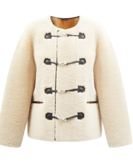 Clasp Front Leather Trim Shearling Jacket