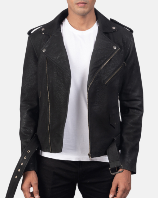 Furton Disressed Black Leather Biker Jacket