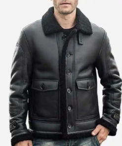 Men Black Button Unique Shearling Jacket