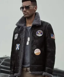Mens Black Aviator Sheepskin Bomber Shearling Jacket