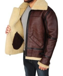 Mens Shearling Brown Bomber Leather Jacket