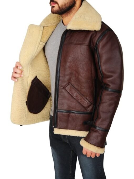 Mens Shearling Brown Bomber Leather Jacket