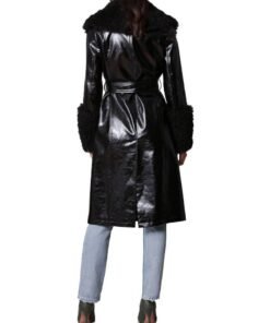Avec Les Filles Belted Faux Fur Trim Black Leather Trench Coat