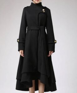 Women’s Asymmetrical Hem Black Swing Wool Coat