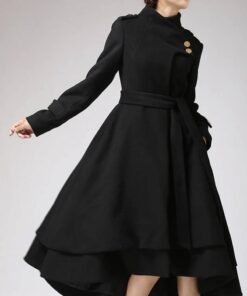 Women’s Asymmetrical Hem Black Swing Wool Coat