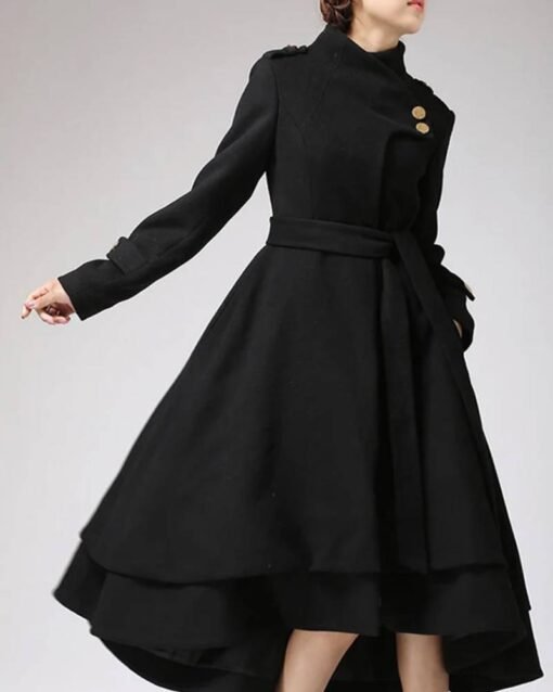 Women’s Asymmetrical Hem Black Swing Wool Coat