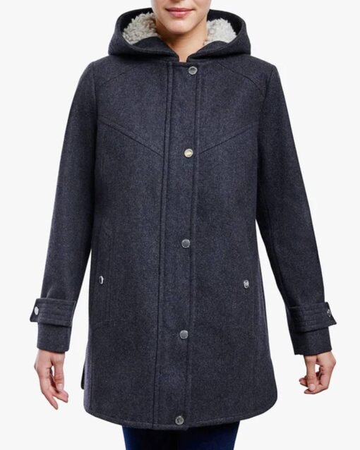 Women’s Zip Front Wool Sherpa Charcoal Hooded Coat