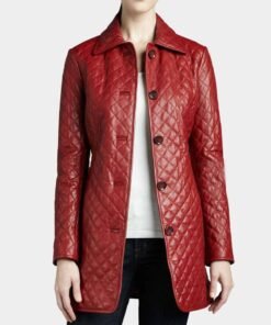 Women’s Quilted Red Mid Length Leather Coat