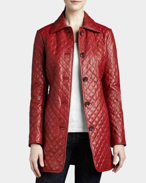 Women’s Quilted Red Mid Length Leather Coat