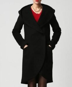 Women’s Asymmetrical Mid-length Wool Black Coat With Hood