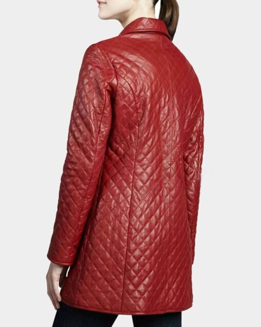 Women’s Quilted Red Mid Length Leather Coat