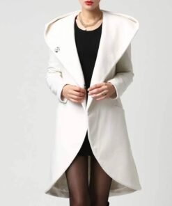 Women’s Asymmetrical Mid-length Wool White Coat With Hood