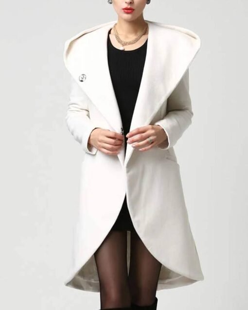 Women’s Asymmetrical Mid-length Wool White Coat With Hood