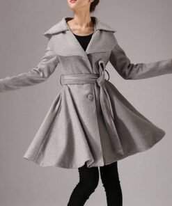 Women’s Mid-Length Gray Belted Wool Coat