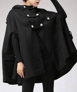 Women’s Classic Wool Hooded Black Cape Coat