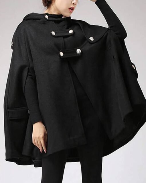 Women’s Classic Wool Hooded Black Cape Coat