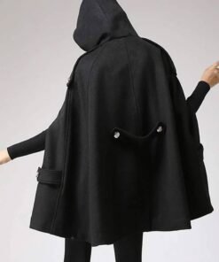 Women’s Classic Wool Hooded Black Cape Coat