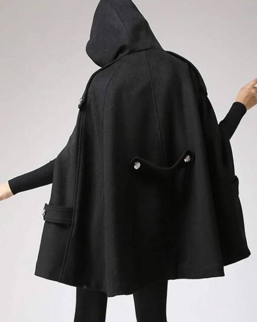 Women’s Classic Wool Hooded Black Cape Coat