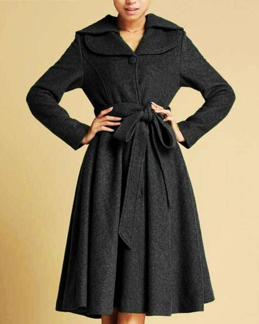 Women’s Feminine Swing Fit and Flare Black Wool Coat