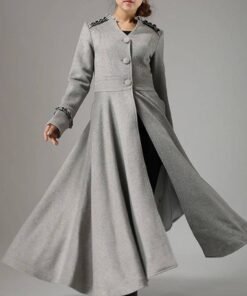 Women’s Long Wool Grey Coat with Ruffle