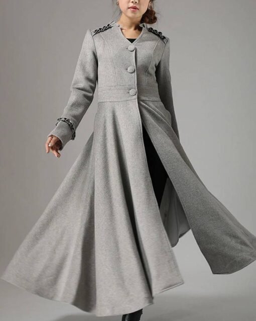 Women’s Long Wool Grey Coat with Ruffle