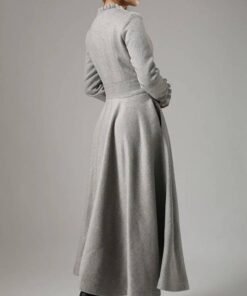 Women’s Long Wool Grey Coat with Ruffle