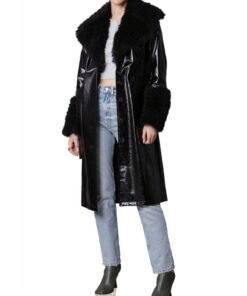 Avec Les Filles Belted Faux Fur Trim Black Leather Trench Coat