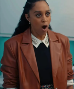 Tia Mowry A Very Merry Beauty Salon 2024 Brown Leather Coat