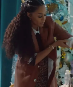 Tia Mowry A Very Merry Beauty Salon 2024 Brown Leather Coat