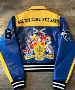 Bajan Yellow And Blue Vegan Leather Varsity Jacket