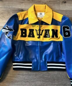 Bajan Yellow And Blue Vegan Leather Varsity Jacket