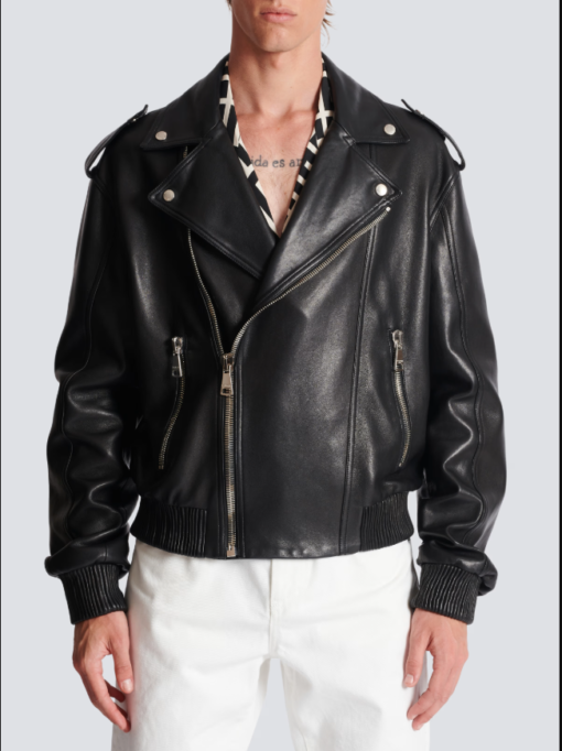 Black leather bomber jacket